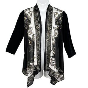 Chicos Travelers 1 M  Black White Chiffon Cascading Elegant Open Cardigan Jacket